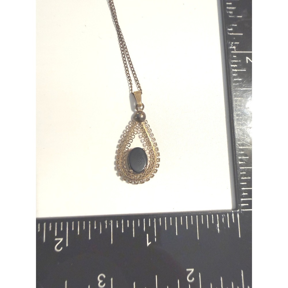 Vintage 1/20 12K Gold Filled Black Onyx Filigree Teardrop Pendant Necklace